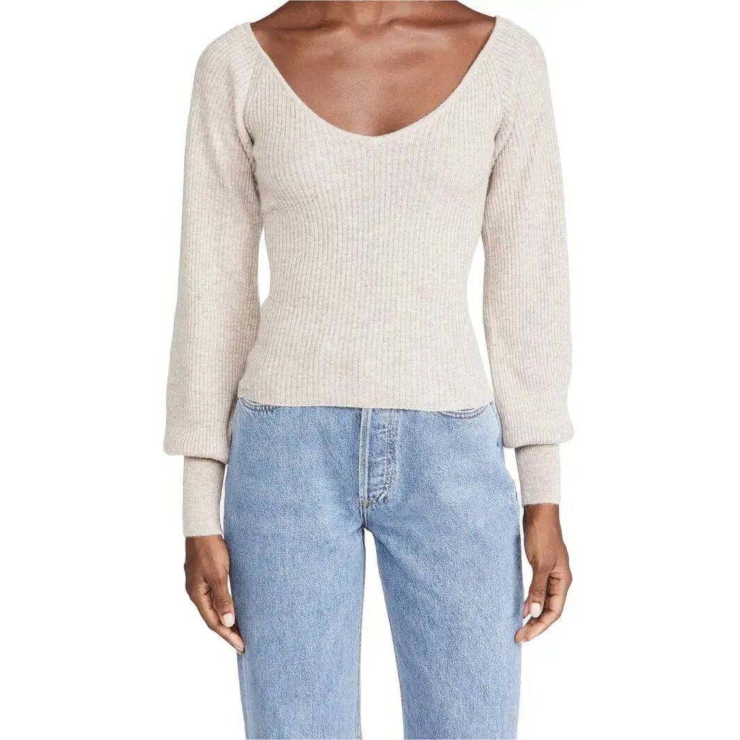 Reformation Hart Cashmere Ribbed V-Neck Sweater Cream Xs Blouson Sleeve *Flaw*